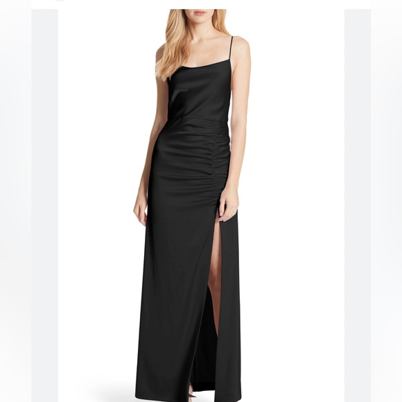 Alice + Olivia Satin Diana Ruched Slit Dress Gown 2 - Picture 2 of 4